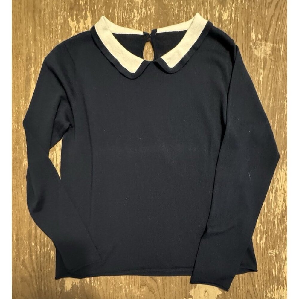 100% Merino Wool Navy White Collar Long Sleeve Sweater Nautical Coastal Prep